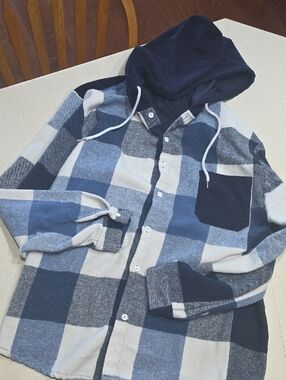 Blue Plaid Flannel Button-Up Hoodie Shirt Corduroy. Blue Gray White. XXL